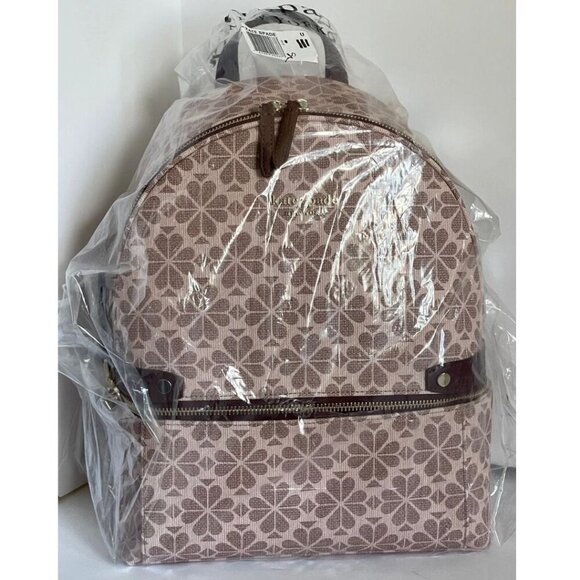 Kate Spade Large Backpack Flower Jacquard Beige Coated Canvas Leather Pockets - Picture 2 of 11